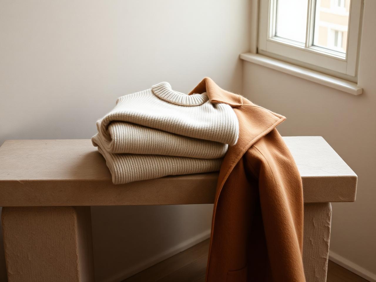 Folded cashmere knit and wool coat
